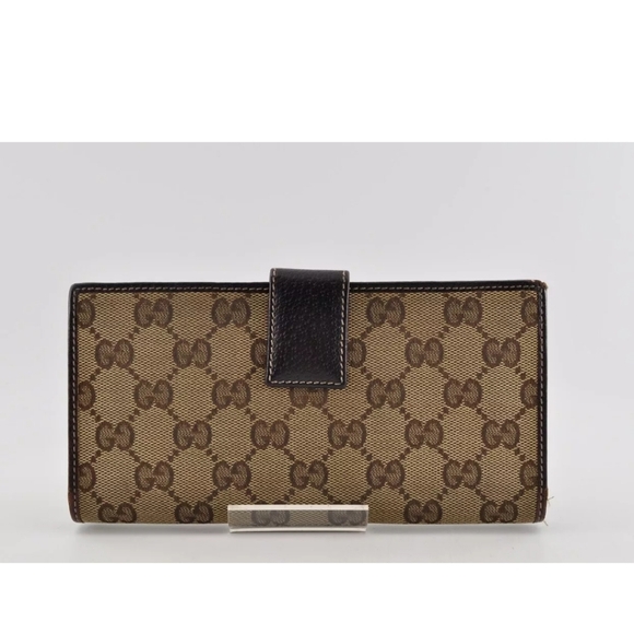 GUCCI GG Canvas Sherry Line Long Wallet Leather Brown Red Green Auth - Picture 4 of 10